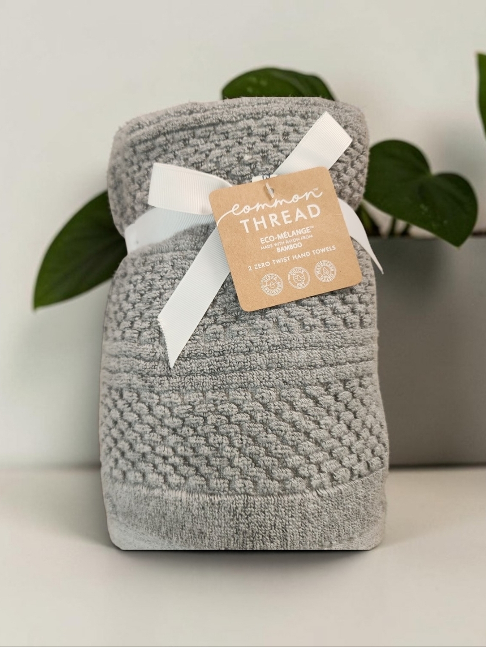 Common Thread Light Gray Hand Towels Set of 2 Bamboo Twisted Absorbent New